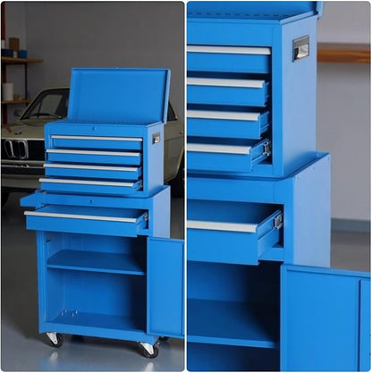 Tool Chest, 5-Drawers Rolling Tool Storage Cabinet with Detachable Top, Adjustable Shelf, Lockable Wheels & Locking Mechanism, Multifunctional Tool Cart for Garage Warehouse, Blue