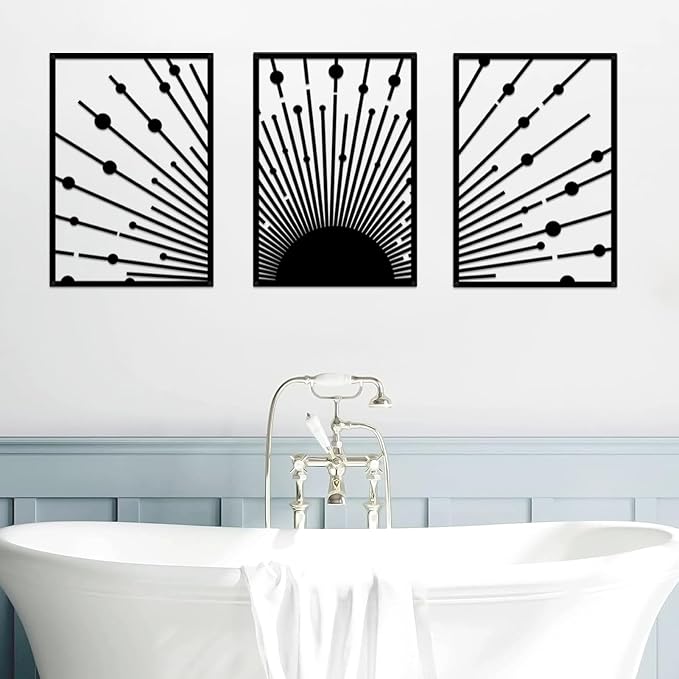 ruelen Black Metal Sun Wall Decor, Set of 3 Minimalist Sunshine Line Art Sculpture, Large Outdoor Metal Wall Art, Nautical Black Celestial Outdoor Decorative Wall Panel for Outside & Modern Home Wall Decor(15.7x11'' Per Piece)