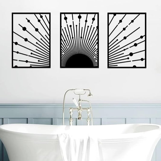 ruelen Black Metal Sun Wall Decor, Set of 3 Minimalist Sunshine Line Art Sculpture, Large Outdoor Metal Wall Art, Nautical Black Celestial Outdoor Decorative Wall Panel for Outside & Modern Home Wall Decor(15.7x11'' Per Piece)