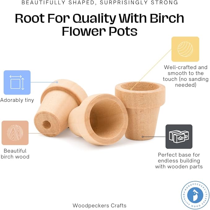 Woodpeckers Small Wooden Flower Pot 1-9/16-inch x 1-1/2-inch, Pack of 12 Paintable Flower Pots for Crafts
