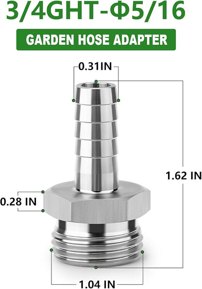 TAISHER 2PCS 304 Stainless Steel Garden Hose Repair Connector, 5/16" Barb x 3/4" GHT Male Garden Hose Adapter with Hose Clamps