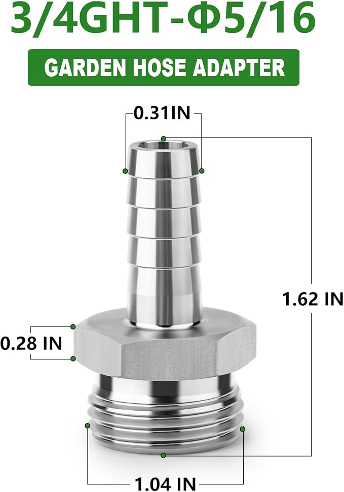 TAISHER 1PCS 304 Stainless Steel Garden Hose Barb Connector, 5/16" x 3/4" GHT Male, Hose Clamps