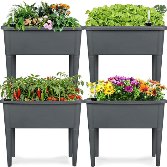4 Pcs Self Watering Elevated Raised Garden Bed, Large Outdoor Plastic Planter Box Big Flower Plant Pot for Planting Flowers Vegetables and Herbs (4, Dark Grey)