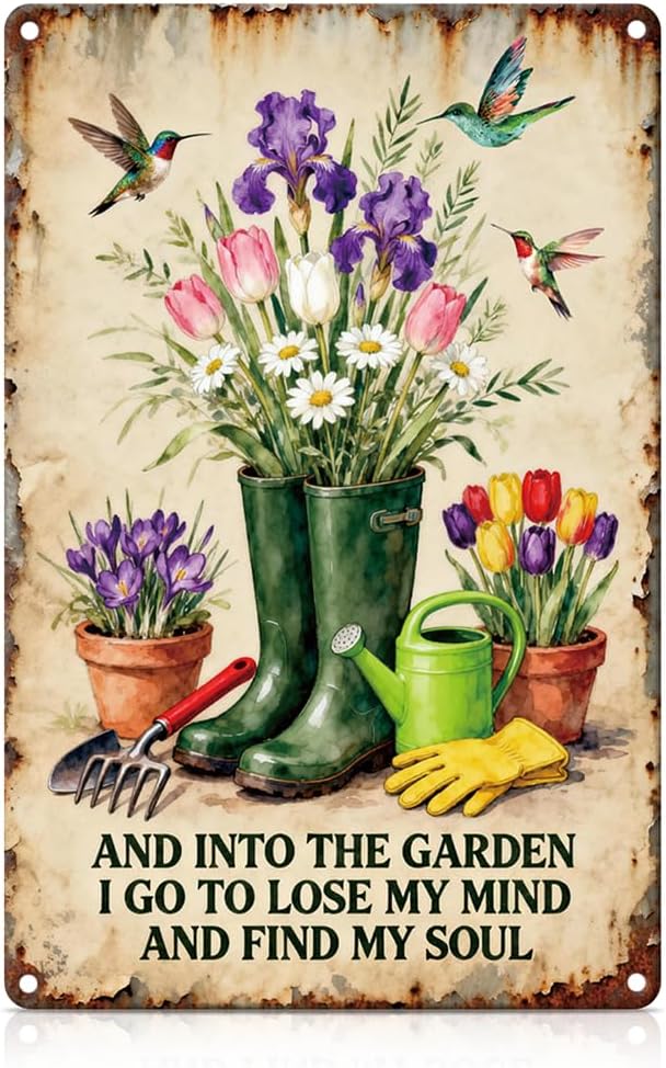 Garden Metal Tin, Into The Garden I Lose My Mind Find My Soul Sign | Vintage Wall Art for Outdoor Gardening Yard Art Wall Decor