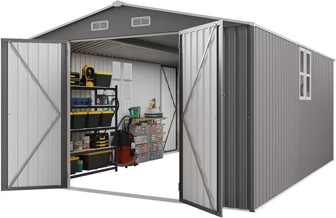 YOPTO 10x14 FT Large Outdoor Storage Shed,Durable Metal Garden Shed with Three Lockable Doors and Two Windows,Waterproof Tool Shed for Backyard Patio,All-Weather Shelter for Bike,Lawn Mowers,Grey
