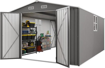 YOPTO 10x14 FT Large Outdoor Storage Shed,Durable Metal Garden Shed with Three Lockable Doors and Two Windows,Waterproof Tool Shed for Backyard Patio,All-Weather Shelter for Bike,Lawn Mowers,Grey