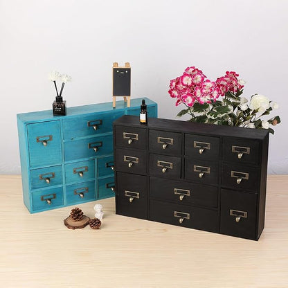 Apothecary Drawers Apothecary Cabinet with Drawers, Black | 12 Drawer Library Card Catalog, Wooden Storage Box, Wooden Desktop Organizer with Metal Handles-Fulled Assembled