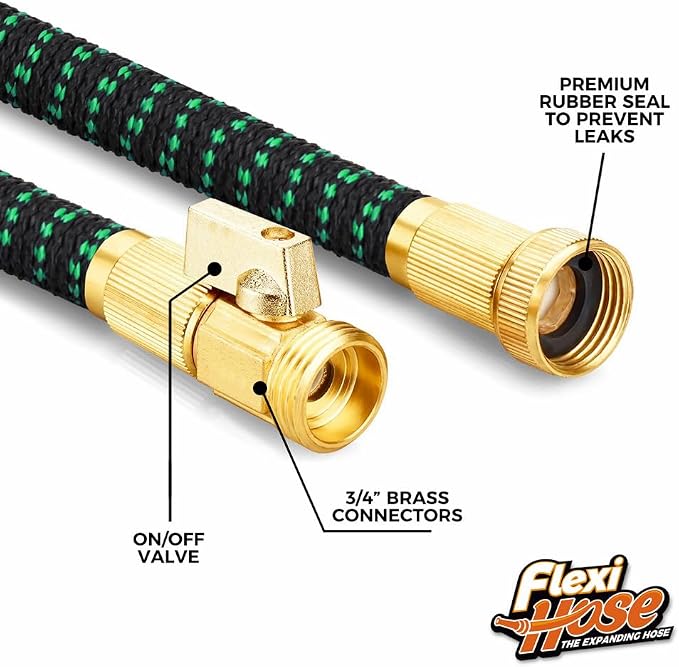 Flexi Hose with 8 Function Nozzle, 100FT - Lightweight Expandable Garden Hose, No-Kink Flexibility, 3/4 Inch Solid Brass Fittings and Double Latex Core - Black and Green
