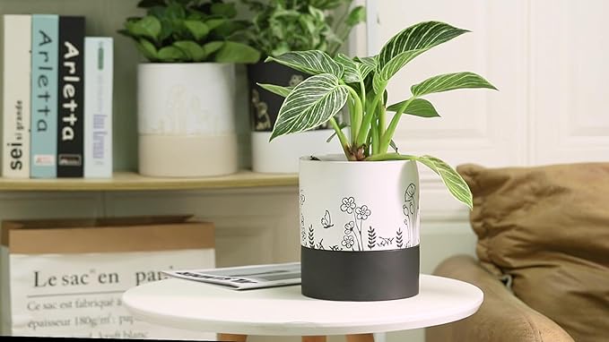 Nihow Self Watering Pots for Indoor Plants,6 Inch,White,Hand Painting | Ceramic Planter, Drainage Hole & Water Storage Plus, Cylinder Round Flower Pot, For Succulent/Herbs/Violets