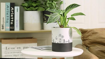 Nihow Self Watering Pots for Indoor Plants,6 Inch,White,Hand Painting | Ceramic Planter, Drainage Hole & Water Storage Plus, Cylinder Round Flower Pot, For Succulent/Herbs/Violets