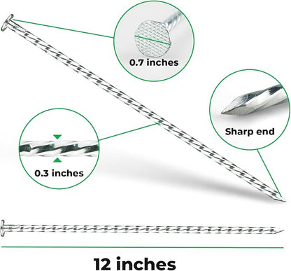 12 Inch Galvanized Landscape Stakes - 50pcs Spiral Metal Round Anchoring Spikes, 0.7 Inch Extra Large Top, for Securing Paver Edging, Weed Barrier, Camping Tent