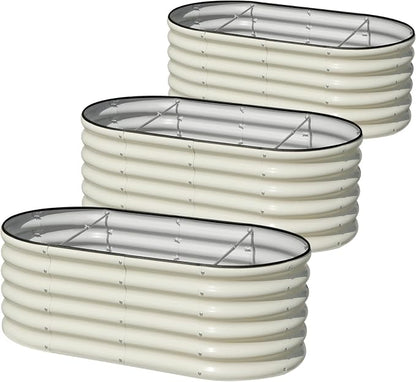 SnugNiture 3 Pcs 4x2x1.5ft Raised Garden Bed Outdoor, 17" Tall Galvanized Metal Planter Box, Oval Raised Garden Bed Kit for Planting Vegetables Plants Fruits, Beige White