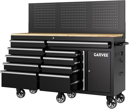 Garvee 60 in Rolling Tool Chest with 10 Drawers & Pegboard, Mobile Garage Tool Cabinet with Locks & Charging Station, Heavy Duty Workbench for Workshop, Black