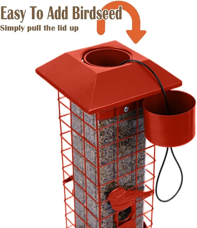 Squirrel Proof Bird Feeders for Outdoors, Metal Wild Bird Feeder for Outside Hanging, 4 Ports Perches, 3LB Large Capacity (Tangerine)