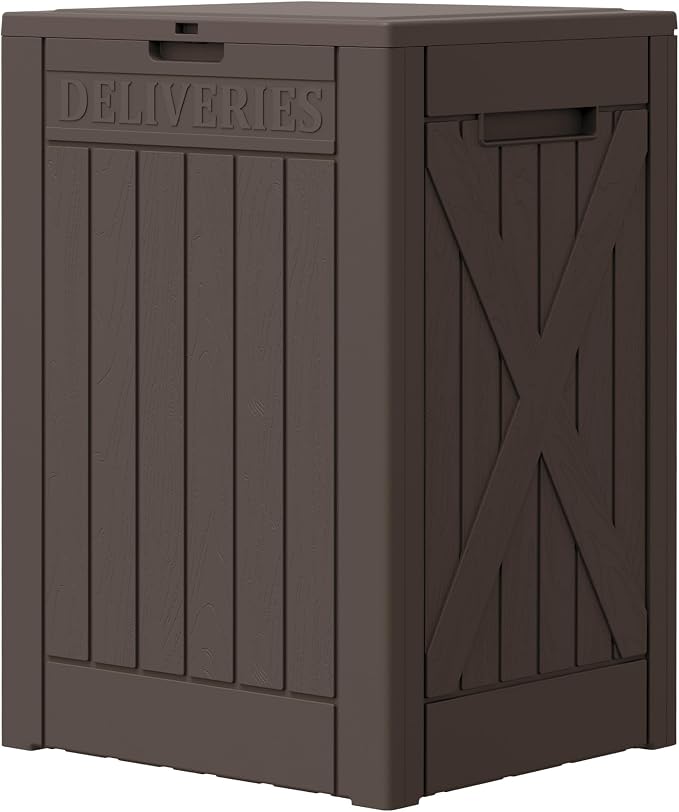 Greesum 52 Gallon Large Outdoor Package Delivery Box for Porch, Lockable Secure Double-Wall Resin Storage Box, Waterproof Deck Box for Package Protection, Brown