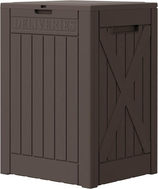 Greesum 52 Gallon Large Outdoor Package Delivery Box for Porch, Lockable Secure Double-Wall Resin Storage Box, Waterproof Deck Box for Package Protection, Brown