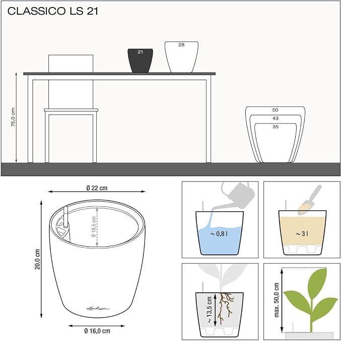 Lechuza Self Watering Plant Pot Classico 21 LS Garden Flower Indoor Outdoor Small Table Plastic Planter with Drainage Hole D21 H20 cm White High-Gloss