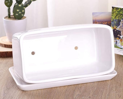 VanEnjoy 10 Inch White Rectangle Ceramic Succulent Planter Pot Decorative Cactus Plant Pot Flower Container with Ceramic Tray