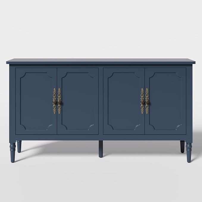 RoyalCraft Sideboard Buffet Cabinet with Storage, 59" Mid Century Modern Credenza with 4 Doors, Coffee Bar Wine Bar Storage Cabinet with Artistic Carved Handle for Living Room, Dining Room, Navy Blue