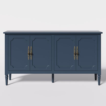 RoyalCraft Sideboard Buffet Cabinet with Storage, 59" Mid Century Modern Credenza with 4 Doors, Coffee Bar Wine Bar Storage Cabinet with Artistic Carved Handle for Living Room, Dining Room, Navy Blue