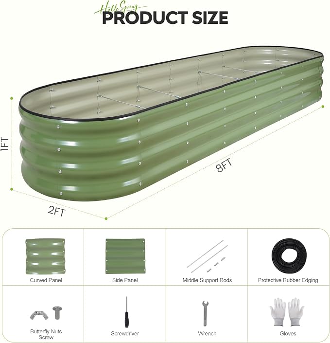 Galvanized Raised Garden Bed 1 Pack, 8x2x1ft Oval Metal Planter Box Outdoor with Support Rods & Corner Protection, Planter Beds for Vegetables, Fruits, Flowers (OliveGreen)