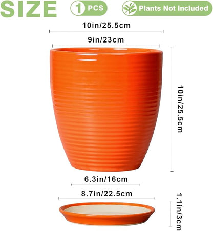 10 Inch Plant Pot, Ceramic Planters for Plants with Drainage and Saucer, Orange