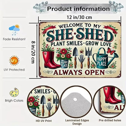 Bestylez Garden Gifts Welcome To My She Shed Vintage Gardening Signs for Home Garden Greenhouse Living Room Bedroom Yard Outdoor Decor 8X12 Inch (3372)
