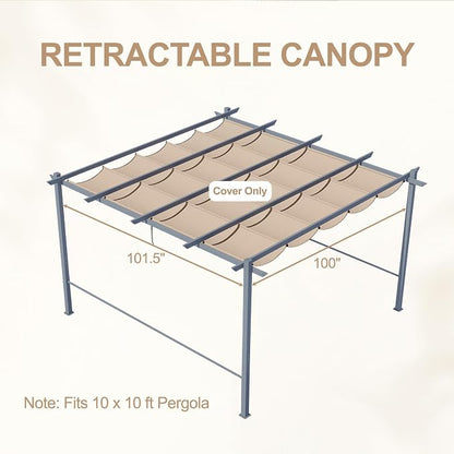 Aoodor Replacement Adjustable Canopy, Retractable Shade for Pergola, UV Resistant and Fade-Resistant, Fits 10 x 10 ft, Brown