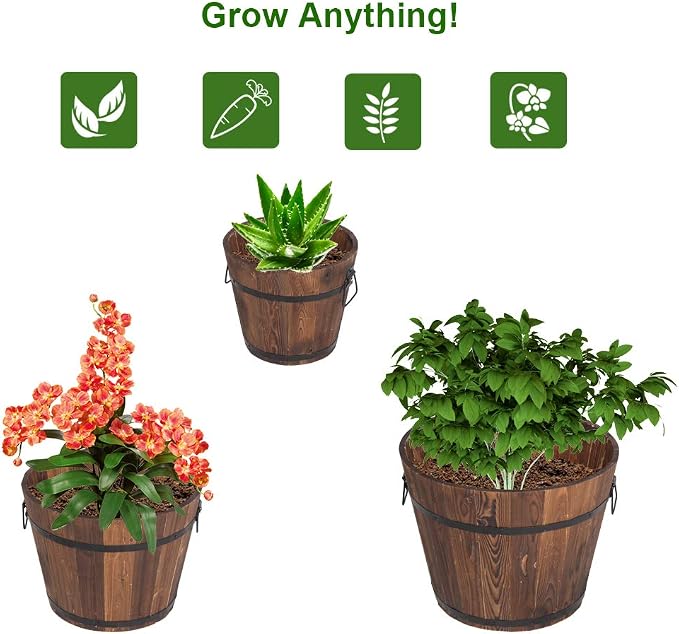 3 PCS Large Wooden Planter Barrel Set - Whiskey Real Wood Decor Plant pots, Rustic Flower Planters Pots Container w/Drainage Holes for Indoor Outdoor Garden Home Plants (18",15.2",11.5")