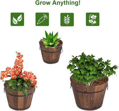 3 PCS Large Wooden Planter Barrel Set - Whiskey Real Wood Decor Plant pots, Rustic Flower Planters Pots Container w/Drainage Holes for Indoor Outdoor Garden Home Plants (18",15.2",11.5")