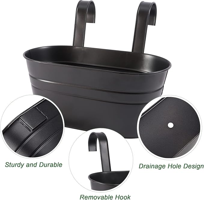 HowRU Metal Iron Flower Pots for Railing Fence Hanging Bucket Pots(5 Pcs) and Hanging Flower Pots Metal Iron Bucket Planter(10 Pcs) (Black)