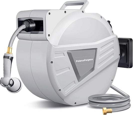 Garden Hose Reel Retractable 1/2 Inch x 100 ft, Wall Mounted with 10 Pattern Nozzle, Slow Return System and 180 Swivel, Gray