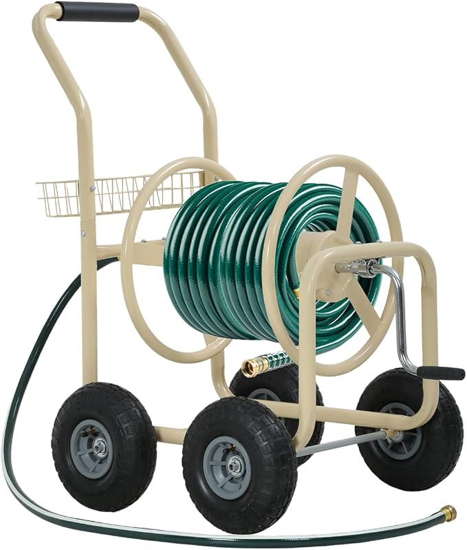 FDW Garden Hose Reel Cart, Water Hose Cart with 4 Wheels, Hold Up to 300 ft of 5/8’’ Hose，Heavy Duty Powder-Coated Steel Planting with Storage Basket, for Garden, Yard and Lawn