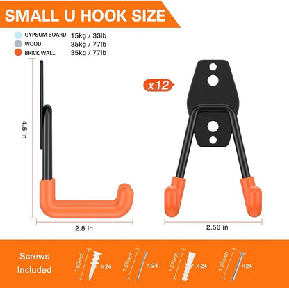 HUPBIPY Heavy Duty Garage Hooks 12 Pack, 2.8 inch Small U Shaped Hanger, Wall Mounted Storage System, Power and Garden Tool Organizer, for Hanging Ladders, Hose, Bulk Items and More