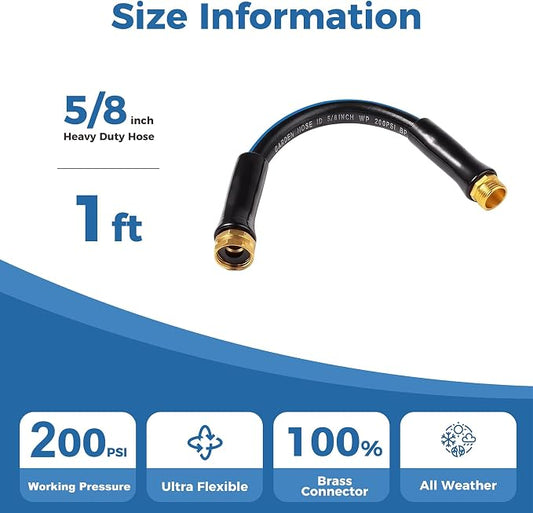 SheeChung Short Garden Hose 1ft x 5/8",Leader Hose for Hose Reel Faucet,Flexible,Lightweight Rubber Hose with Male to Female Fittings,Small Water Hose Heavy Duty,Kink Free,3/4"GHT