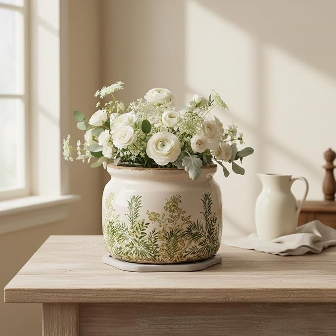 Cottage Ceramic Flower Pots with Decorative Saucer, Plant Lover Gifts | 7.7" Large Indoor Plant Pot, Handmade Antique Crackled Glaze Planter, Rustic Farmhouse Home Decor, Gardening Gifts For Women