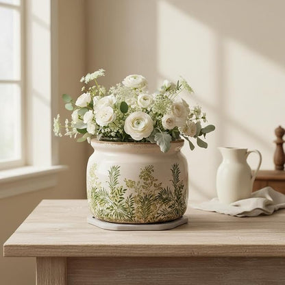 Cottage Ceramic Flower Pots with Decorative Saucer, Plant Lover Gifts | 7.7" Large Indoor Plant Pot, Handmade Antique Crackled Glaze Planter, Rustic Farmhouse Home Decor, Gardening Gifts For Women