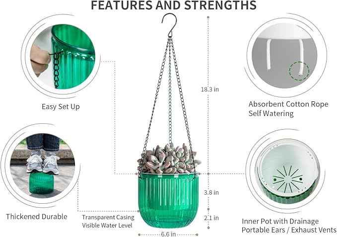 Josteve 6.5 Inch 2 Pcs Self Watering Hanging Planter Indoor Plant Pots Drainage Holes, Outdoor Hanging Planters Flower Pot Basket, Visible Water Level, Plant Hanger Home Decor, Gardening