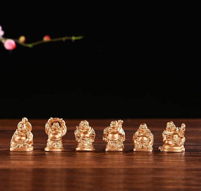 6Pcs 1'' Gold Resin Laughing Buddha Figurines, Tabletop Lucky Decor | Mini Maitreya Buddha Statue, Flower Pot Statue, Home Office Desk Decor, Fengshui Collection Gift Ornaments