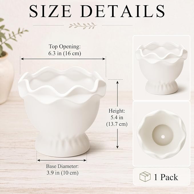 1 Pack White Ceramic Plant Pots Small Rustic Decorative Planter Home Decor Scalloped Modern Flower Planter for Farmhouse Outdoor Garden Indoor Home Decor (6.3in, Novel)