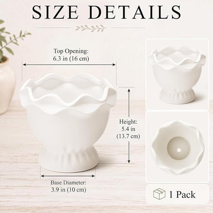 1 Pack White Ceramic Plant Pots Small Rustic Decorative Planter Home Decor Scalloped Modern Flower Planter for Farmhouse Outdoor Garden Indoor Home Decor (6.3in, Novel)