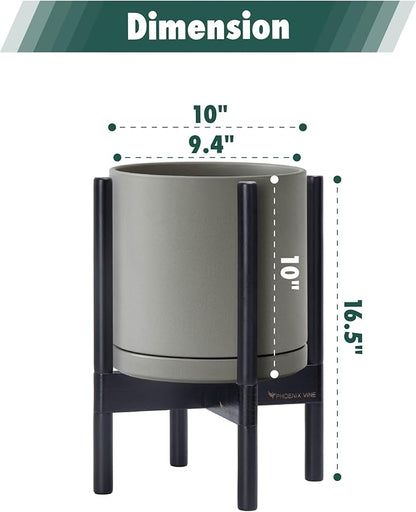 D'vine Dev Ceramic Planter with Ebony Stand - 10 Inch Modern Round Flower Pot with Wood Planter Holder, Grey, 55-B-L-3