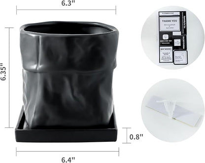 Nihow 6 Inch Ceramic Plant Pot with Drainage & Square Saucer,Black | Bag Shape Design,Indoor & Outdoor，Living room/Office/Bedroom/Windowsill/Tabletop，Plant Lovers/Gardeners/Beginners