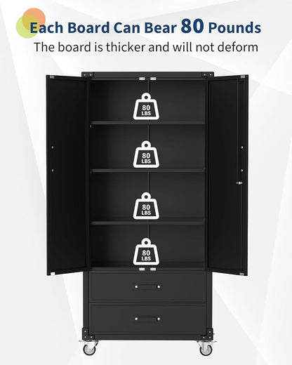 GarveeHome 72 in Metal Storage Cabinet with Wheels, Locking Doors & 2 Drawers,Heavy Duty Rolling Garage Organizer with 3 Adjustable Shelves for Home/Office/Workshop/Warehouse