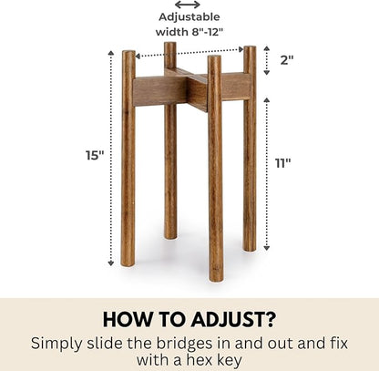 Fox & Fern Adjustable Tall Plant Stand Indoor — 8 to 12 Inch Mid Century Bamboo Plant Stand with Adjustable Width - Plug In Design - Easy to Assemble - Two Heights - For 8, 9, 10, 11 & 12 In Pots