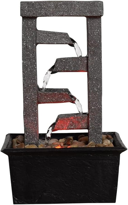 GOSSI 10" 4-Tier Tabletop Waterfall Fountain with Natural River Rocks, LED Lights, Resin Indoor Water Feature for Home Office Decor, Meditation Relaxation Gift