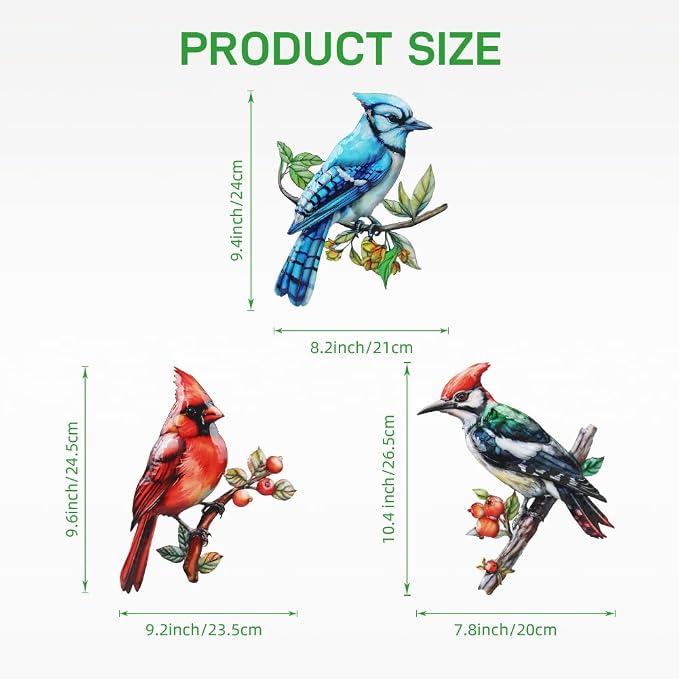 3 Pack Metal Birds Wall Art Garden Decor, Cardinal Outdoor Wall Art Yard Patio Fence Decoration, 3D Colorful Birds Wall Hanging Sculpture Gift for Garden Outside Livingroom