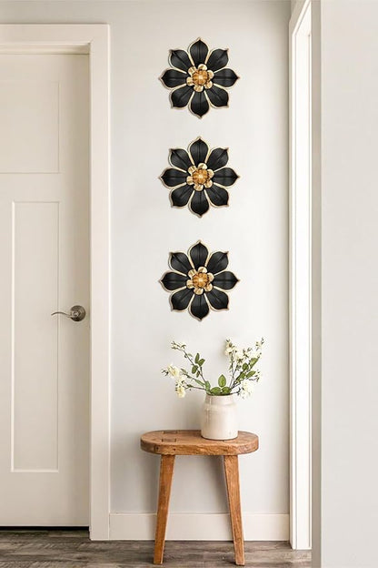 Metal Flowers Wall Decor Black and Gold Wall Art Decorations Hanging 3 Pc Rustic Modern Floral Sculpture Wall Accent Artwork Indoor Outdoor for Bathroom Kitchen Bedroom Living Room Patio Porch 10 Inch