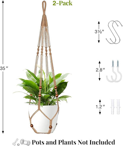 LEWESU Jute Macrame Plant Hanger Indoor Set of 2 Hanging Planter Basket Flower Pot Holder with Decorative Wood Beads & No Tassels for Indoor Outdoor Boho Home Decor, 35 Inch Brown (Pots Not Included)
