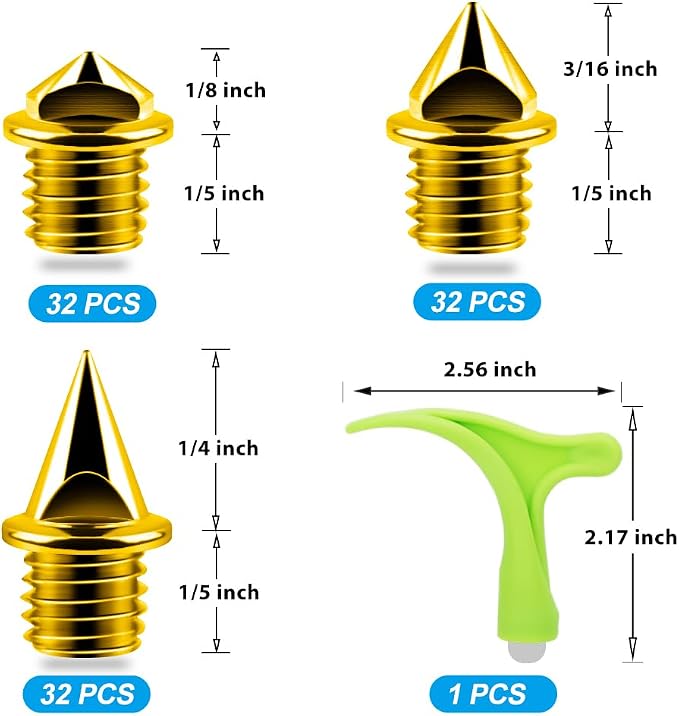 96PCS Alloy Steel Track Spikes, 32pcs 1/8in + 32pcs 3/16in + 32pcs 1/4in Track and Cross Country Spikes Golf Shoe Spike with Spike Wrench, Replacement for Sprint Sports Short Running